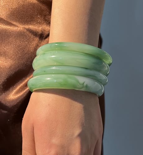 iF YOU 6pcs Chunky Acrylic Bangle Bracelets for Women, Resin Bamboo Brown Stretchy Bracelet Stack, Fashion Jewelry for Women - color: 4 Green bangles
