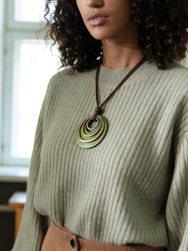 PU Leather Necklace Vintage Boho Style Multilayer Pendant Long Sweater Necklace Jewelry for Women Men with Adjustable Leather Cord - color: Green Wooden Pendant Necklaces