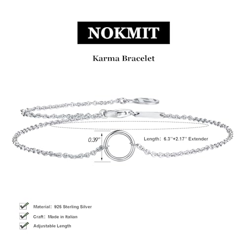 NOKMIT Solid 925 Sterling Silver Bracelets for Women, Dainty Interlocking Circles Cubic Zirconia Adjustable Chain Bracelet, Trendy Stackable Link Bracelets, Simple Cute Jewelry Gifts - color: Silver Karma Circle