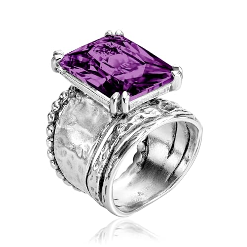 JEAN RACHEL JEWELRY 925 Sterling Silver Ring - Hammered Vintage Design with Octagon Shaped Cubic Zirconia - Hypoallergenic, Lead & Nickel Free - Artisan Handcrafted Statement Rings for Women - color: Amethyst CZ