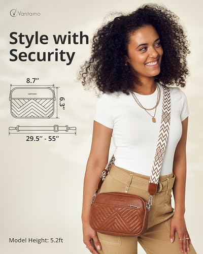 Vantamo Premium Quilted Crossbody Bags for Women with Anti-Pickpocket Clip, Vegan Leather Handbags, Travel Purses for Women - color: Shoulder Bag Bronze Jacquard Strap