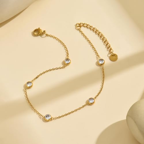 Dainty Ankle Bracelets for Women 18K Gold Plated Satellite Beaded Herringbone Lip Chain Anklets Simple Minimalist Summer Beach Foot Jewelry Christmas Gifts - color: 5 CZ-Gold