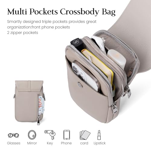 befen Genuine Leather Small Crossbody Bags for Women, Multi Pocket Cell Phone Crossbody Purse with RFID Blocking Card Slots - color: Beige Grey