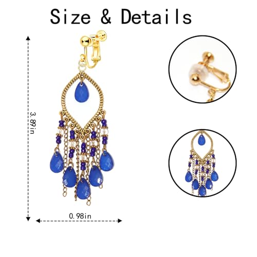 Clip on Tassel Dangle Earrings for Boho Women, Non Pierced, Colorful Feather Handmade Beads Fashion Vintage Fringe Jewelry for Parties Weddings Festivals Trendy Statement Earrings for Bohemian - color: Blue B