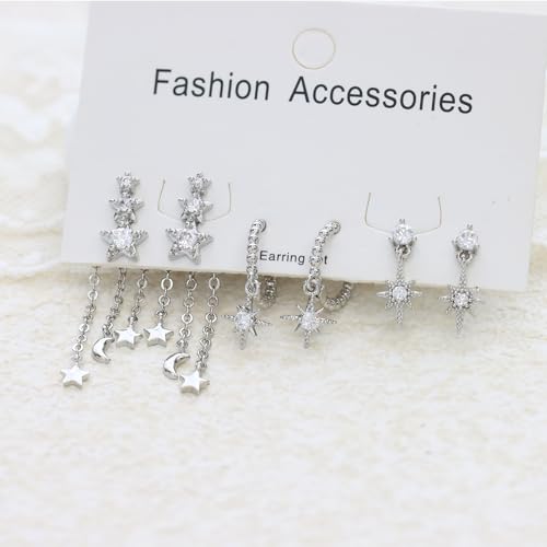 6 Pcs/6 Pairs Hypoallergenic 925 Sterling Silver Stud Post 14K Gold Earrings for Women Moon Star Hoop Stackable Cubic Zirconia Chain Dangle Earring Set Stacks for Multiple Piercings - color: Silver Star Chains