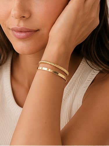 Gold Cuff Bracelets for Women, 14K Gold Plated Open Cuff Bangle Bracelet with CZ Pave, Minimalist Stackable Chunky Gold Bracelet for Women - color: Gold Twisted 2-Piece