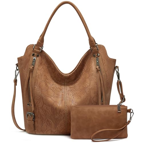 Tote Bag for Women PU Leather Shoulder Bags Fashion Hobo Bags Large Purse and Handbags with Adjustable Shoulder Strap - color: Brown Flower