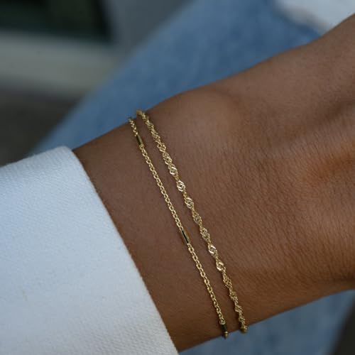 Dainty Bracelets for Women, 14k Gold Plated/Silver Layered Charms Bracelet Herringbone Satellite Beads Box Rope CZ Bracelet Adjustable Cuba Link Chain Bracelet Set Jewelry Gifts - color: 2Layered-Twisted rope-GD