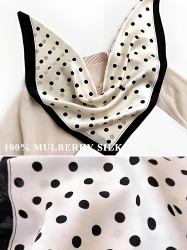 100% Mulberry Silk Scarf for Women Hair Lightweight Square Neckerchief Wrap For Head Scarves 21" - color: 26-white Black Point /21"*21"