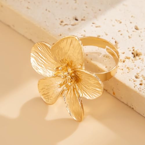Dainty Large Flower Adjustable Ring for Women Gold Plated Elegant Floral Statement Stacking Finge Band Rings Wedding Party Fashion Jewelry