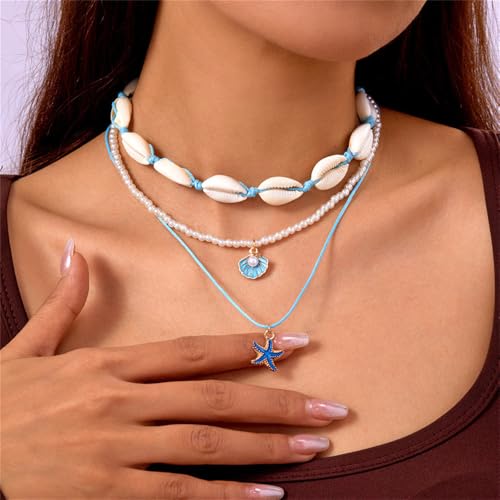 Shell Beach Choker Necklace Set for Women Boho Layered Beaded Adjustable Starfish Conch Shell Nacklace Imitaion Pearl Rice Beads Necklace Summer Ocean Vacation Jewelry - color: Blue
