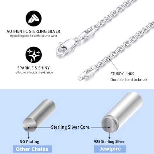 Jewlpire 1.5mm Rope Chain 925 Sterling Silver Chain Necklace for Women, 14K Gold Plated Chains for Women Dainty & Sturdy Women's Chains Necklace 16 18 20 22 24 26 Inch - color: 925 Sterling Silver, size: 22 Inch