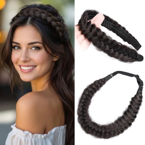 2PCs Braided Headband with teeth Handmade Messy Wide Synthetic Hair Elastic Stretch Fluffy Hairpiece for Brides (Chocolate) - color: Chocolate