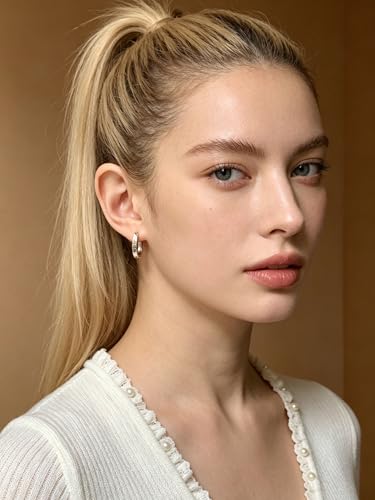 Small Hoop Earrings for Women Glitter Hoops Gold Plated with 925 Sterling Silver Post - style: Silver-oval