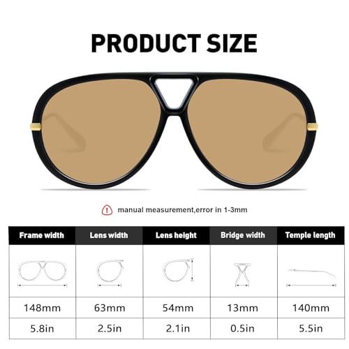 GRFISIA Retro Oversized Aviator Sunglasses for Women Men Metal 70s Aviators 2026 Fashion Shades for Beach Vacation UV400 - color: (1pcs) Black/Brown