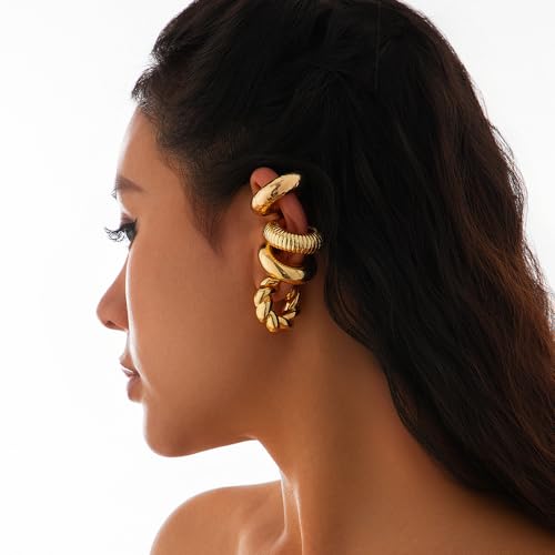 KISS WIFE 4 Pcs Chunky Ear Cuffs Non Piercing for Women, 14K Gold Plated Clip On Cartilage Hoop Earrings Jewelry Gifts - color: Gold