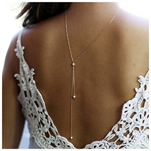 Boho Pearl Back Chain Necklace Silver Layered Backdrop Necklace Body Chain Pearl Bridal Back Drop Chain Summer Beach Body Jewelry for Women (Silver) - color: Silver