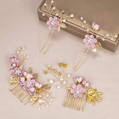 4PCS Hair Comb Set - Wedding Floral Hair Accessories for Women, Baby Purple Flower Hairs Pins, Vintage Wedding Hair Clips, Bridesmaid, Mother of Bride, Rose Gold Decorations - color: Purple Base