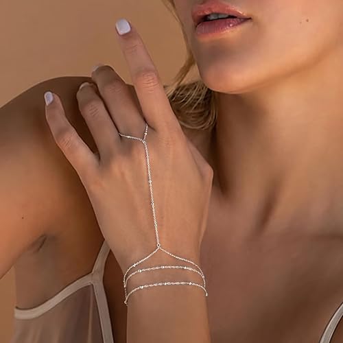 Hand Chain Bracelet for Women Trendy, Dainty Silver Beaded Finger Ring Bracelet Non Tarnish Minimalist Adjustable Simple Cute Silver Bracelets Waterproof Fashion Jewelry - color: Silver-01