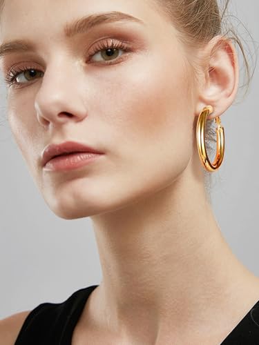 Stainless Steel Chunky Hoop Earrings For Women, Minimalist and Chic, Black/Gold Plated, Round Hoops Earrings Hypoallergenic, Size: 30mm/40mm/60mm/80mm, Come with Box - color: 1. Gold, size: 40MM