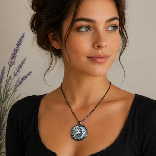 1pc Stunning Round Pendant Necklace - Unique Sun & Moon Pattern, Oil Painting Style Glass Mosaic, Alloy Construction, Trendy Sweater Chain, Fashionable Gift for Women - Christmas or Birthday Gift - color: Blue Sun/Moon