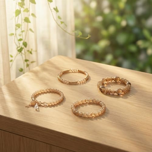 Bohemian Bracelet Sets for Women - 4-Pack Stackable Stretch Bead Bracelets with Black＆White Crystal & Gold Accessories, Multi-Layer Boho Jewelry - color: liaght a'pricot