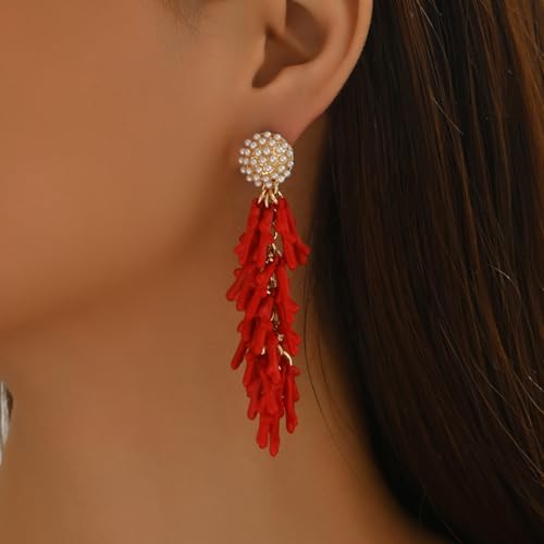 Red Coral Drop Earrings for Women, Boho Statement Tassel Earrings with Pearl Studs, Vintage Ocean Inspired Dangle Jewelry for Party and Vacation