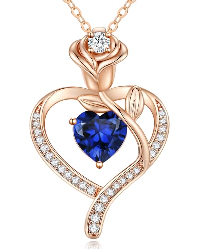 LOUISA SECRET Rose Flower Heart Birthstone Necklaces for Women, 925 Sterling Silver Jewelry, Pendant Heart Necklaces Birthday Anniversary Christmas Gift for Women Wife Mom Girlfriend Lady - color: Rose Gold-09-Sep