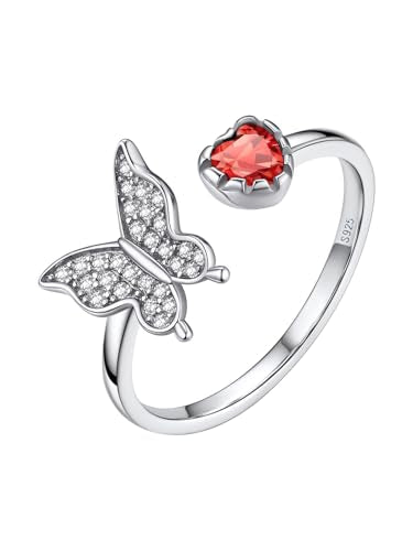 Bestyle 925 Sterling Silver Butterfly Ring Hypoallergnic Adjustable Birthstone Rings for Women Butterfly Jewelry Gifts for Anniversary Mothers' Day Birthday - color: 07.July(Ruby)-Ring Delicate