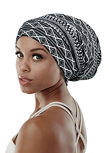 Adjustable Satin Lined Sleep Cap for Dreadlocks Curly Hair Large Head-Stay On Overnight - color: Navy White