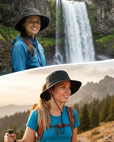Womens Ponytail Sun Hat Packable UPF50+ Waterproof Bucket Hat Hiking Fishing Safari Hat Foldable Beach Hat - color: Black