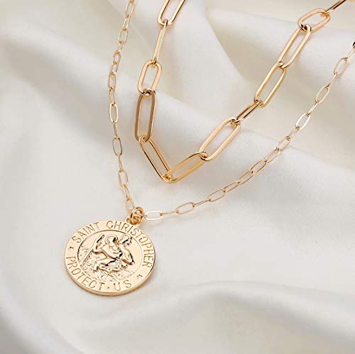 Turandoss 14K-Gold-Plated Necklaces for Women - Lock Evil Eye Medallion Vintage Coin Necklace Bee Sun Moon Shell Chain Necklace Layered Paperclip Chain Necklaces for Women Jewelry Gifts - style: "5-St. Christopher Pendant