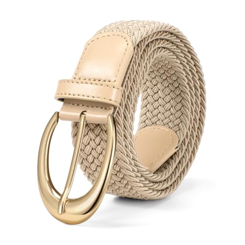LEACOOLKEY Stretchy Braided Golf Belt for Women Elastic Woven Belts Unisex Elastic Fabric Belt for Jeans Pants - color: Beige/Gold Buckle, size: Fit waist size below 27"