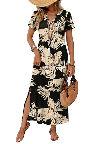 OFEEFAN Summer Dresses for Women 2026 Maxi Dress Short Sleeve Sundresses with Pockets Beach Vacation Spring Outfits - color: Beige Leaf, size: 3X-Large