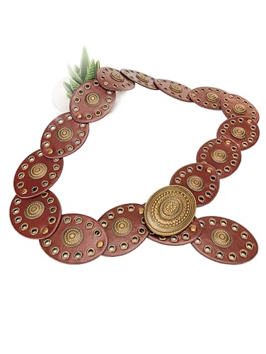 Western Chunky Wide Disc Belt for Women Boho Hollow PU Leather Waist Cowgirl Belt for Dresses Jeans with Metal Buckle - color: Brown