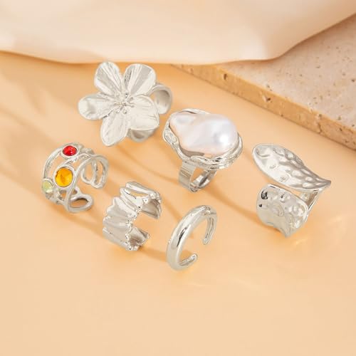 Gold Silver Chunky Ring Set for Women,Open Stacking Knuckle Statement Ring,Boho Flower Baroque Pearl Rings Set,Minimalist Aesthetic Rings Jewelry Gifts - color: Silver