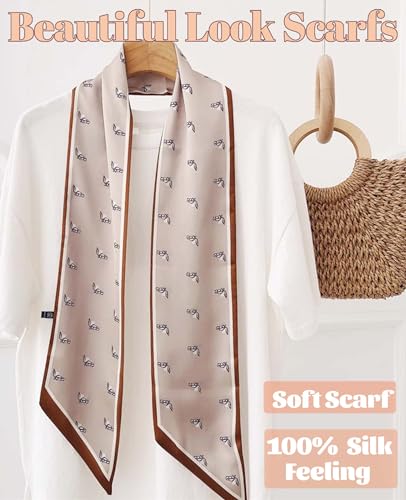 kcctoo 59" Mulberry Silk Like Head Scarf Women's Fashion Square Neck Satin Scarfs for Bag Hair Scarves Gift 59 * 5.9” - color: A002-khaki Spotted Horse Head/59"x5.9"
