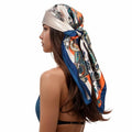RIIQIICHY Head Scarf for Women Like Silk Scarf Hair Scarf Printed Square Scarf Bandanas for Women 35 Inches - color: Beige/Orange/Navy