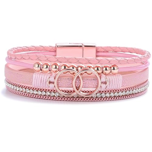FANCY SHINY Boho Leather Wrap Bracelet Stackable Infinity Chunky Cuff Bracelets Western Hippie Outfits Jewelry Valentine Gifts for Women - color: Pink