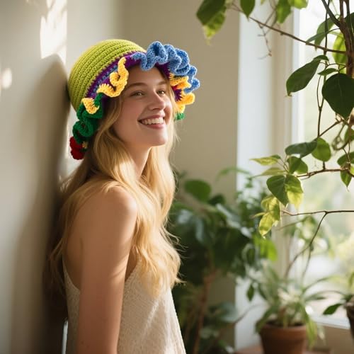 Handmade Crochet Bucket Hat for Women Boho Chic Slouchy Design Colorblock Ruffled Brim Festival&Daily Crochet Hat - color: Green Crown