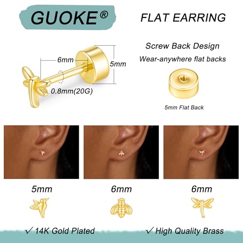 3 Pair Tiny Flat Back Earrings for Women - 14K Gold/White Gold Plated Dainty Cute Small Screw Flatback Stud Earring, Everyday Wear Gift - color: Hummingbird Bee Dragonfly Flat-5/6/6mm Gold