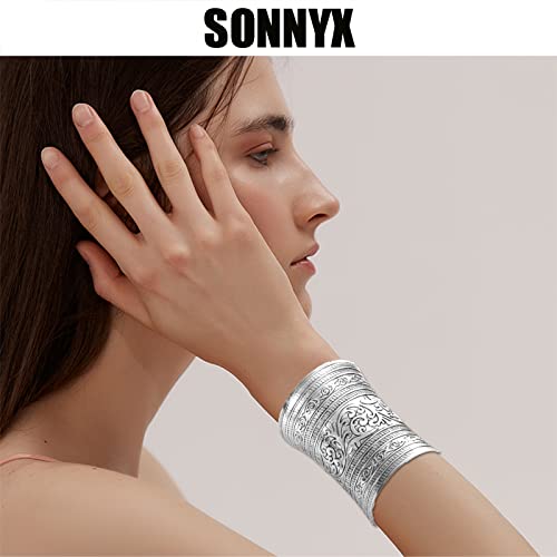 SONNYX 2 PCS Cuff Bracelets for Women Vintage Ethnic Wide Open Chunky Gold Silver Wrist Cuff Warp Bracelets for Cosplay or Belly Dance - color: SILVER 1