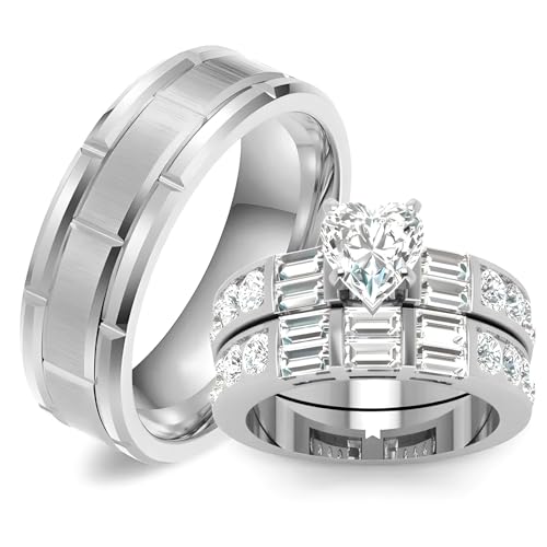 3Pcs Moissanite Wedding Rings Sets for Couples, s925 10K 14K 18K Real Gold Wedding Rings Sets for Him and Her, Customized Matching Engagement Bands Set for Men and Women Free Engraving - style: Style-7