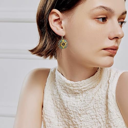 Bohemian Vintage Sliver Geometry Enamel Flower Lightweight Dangle Hoop Earrings Ethnic Handmade Circle Disc Teardrop Earrings For Women - color: Yellow
