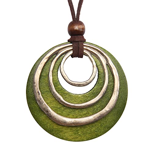 GelConnie Leather Cord Necklace Chain Multilayer Wooden Pendant Necklaces Vintage Jewelry Boho Long Sweater Necklace for Women Men - color: 3 Circles Wood Necklace