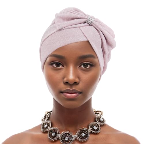 Erinaco Women Sparkle Sequin African Turban Bow Knot Pre-Tied Cap Pleated Ruffle Bonnet Beanie Hat Headwrap Skull Caps - color: Glitter Pink