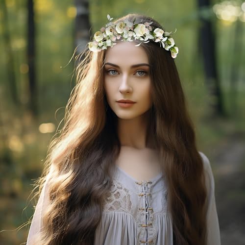 Vivivalue Wedding Floral Crown Rose Flower Headband Hair Wreath Floral Headpiece Halo Boho with Ribbon Party Prom Photos - color: W
