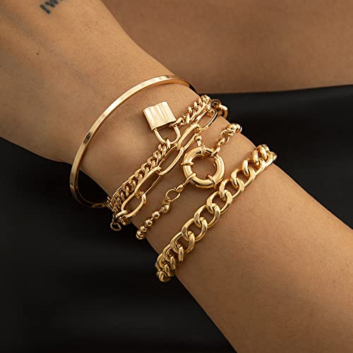 Boho Fashion Dainty Boho Gold Silver Chain Stackable Lock Bracelets Set for Women Adjustable Beaded Chunky Flat Cable Chain Punk Bracelets Jewelry for Women Gift Set of 5 - color: Gold