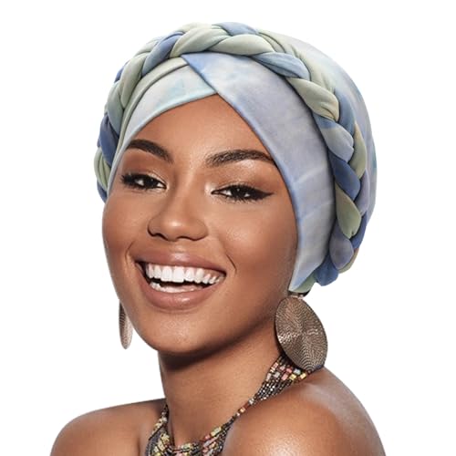 DRESHOW Turban Pre-Tied Twisted Hat Thread African Head Wraps for Black Women Chemo Cancer Cap Braid Hair Cover - color: 1 Pack Tie-dye Gradient: Light Teal