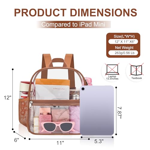 Oraben Clear Backpack Stadium Approved, 12 x 6 x 11 in, Small Transparent Backpack for Concerts, Sports Events, Festivals, Travel, Waterproof PVC, Adjustable Straps, Women Men - color: Coffee Brown, style: Nylon Shoulder Straps